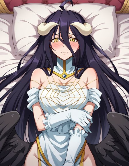 score_9, score_8_up, score_7_up, source_anime,
overlordalbedo, <lora:overlord-albedo-ponyxl-lora-nochekaiser:1>,
albedo, ahoge, black hair, horns, long hair, yellow eyes, blush, embarrassed,
bare hips, bare shoulders, black wings, detached collar, elbow gloves, feathered wings, gloves, gold trim, high collar, hip vent, jewelry, low wings, white gloves, wings,
indoors, bed, bed room, lying, lying on back, pillow,
looking at viewer, cowboy shot, dutch angle,