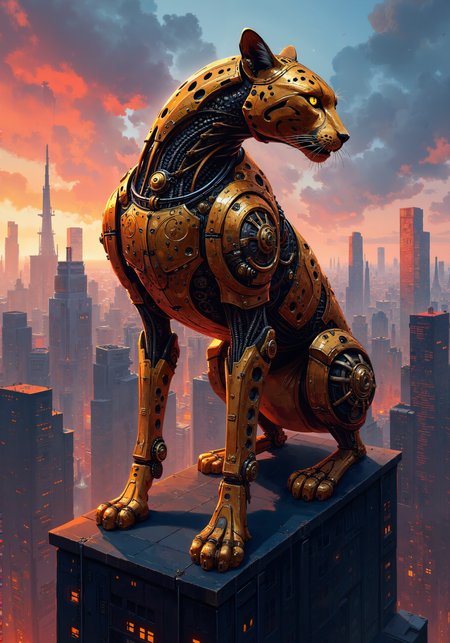A majestic, mechanized cheetah with exquisitely detailed brass and copper plating, ornate gears embedded in sinewy muscles, fierce golden eyes, and a noble stance atop futuristic urban architecture. Ambient neon glows merge with dynamic steampunk lighting, swirling wisps of steam, and intricate mechanical embellishments. Hyper-realistic digital art, vibrant industrial skyline, dramatic chiaroscuro shadows, and richly textured surfaces blend organic elegance with mechanical refinement. 8k masterpiece quality, meticulously rendered, surreal urban fantasy with vaporwave accents, glowing metallic reflections, and a harmonious interplay of ambient and directed light. <lora:é£æ ¼å-è¶ç°å®:0.5> <lora:style_of_Norman_Ackroyd_FLUX_100:0.3> <lora:Organic Sauce - FLUX:0.5> <lora:FluxDFaeTasticDetails:0.3> <lora:flux_dev:1>