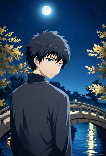 high resolution, solo, best quality, 1Boy, Arata Kaizaki, Black Hair, depth of field, moon, fantastic night, dreamlike, midle of bridge, OverallDetail
