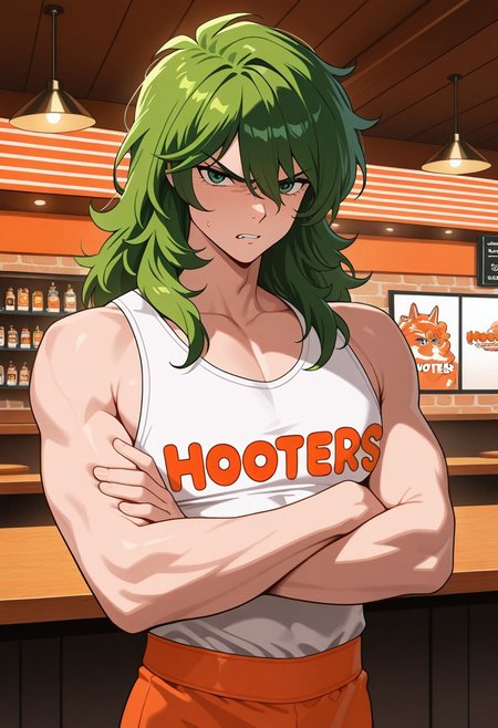 masterpiece, best quality, amazing quality, very aesthetic, absurdres, newest, ANDROMESHUN, SHUNPLAIN, 1boy, toned male, slender figure, long wavy green hair, green eyes, hooters outfit, inside, hooters restaurant, angry, scowl, crossed arms