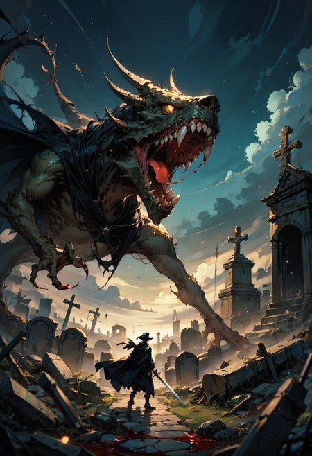 score_9, score_8_up, score_7_up,  1boy, hat, yellow eyes, weapon, floating cloak, gothic, cloud, slashing, action theme, in battle, mouth open, monsters, blood, holding sword, graveyard, night sky, ruins, 
fill light soft shadows lighting, absurdres, light particles, blurry background, dof
<lora:DetailedEyes_V3:0.5> <lora:add-detail-xl:0.5>