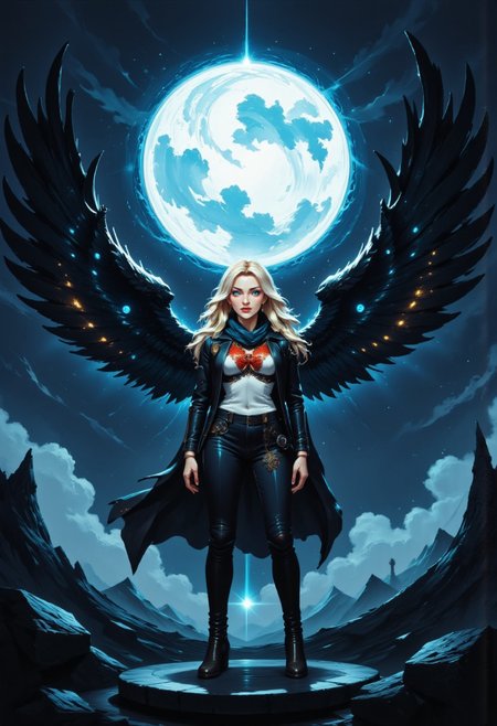 blonde girl with Elsa Hosk's face, in a torn leather jacket, torn scarf, torn jeans, wounded, open black wings - huge like an angel's, against the backdrop of the bright shining night, moon,  winter, on the roof of the destroyed cathedral, detail fantasy, hyper detail, 4k, realistic style, fantasy style, painterly style, high detail, hyper detail, low contrast, dull colors, exposure blending, HDR, faded, super detail, professional art, high detail fantasy,