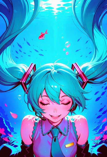 ilya kuvshinov,
masterpiece,best quality,amazing quality,
1girl,aqua hair,bubble,closed eyes,detached sleeves,fish,floating hair,hatsune miku,long hair,necktie,open mouth,petals,smile,solo,traditional media,twintails,underwater,very long hair,water,