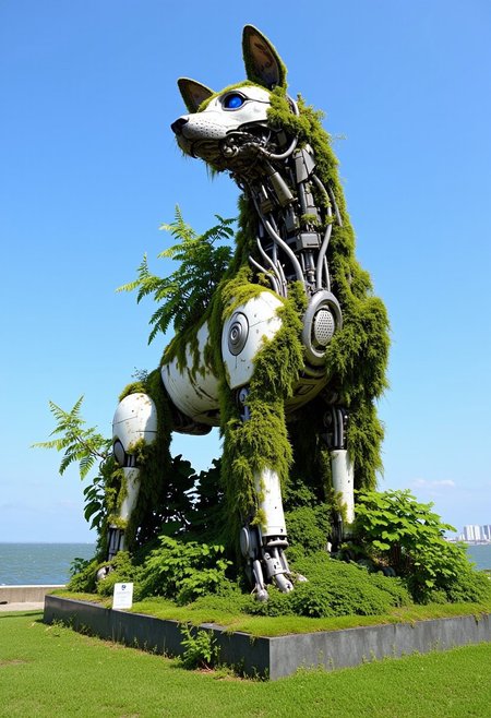 ajweathbo. This is a highly detailed CGI rendering of a robotic dog statue, designed to resemble a futuristic, anthropomorphic canine. The robot, primarily white and silver, features a sleek, metallic body with exposed mechanical parts, giving it a high-tech appearance. Its head is a blend of mechanical and organic elements, with a large, round blue eye that glows softly, adding a lifelike quality. The robot's ears are perched on top of its head, made from a combination of metal and what appear to be artificial, leaf-like structures.
The robot's body is adorned with lush green foliage, including leaves and vines, which are growing organically around its limbs and torso, giving the impression of a living, plant-covered statue. The foliage is dense, covering parts of its body and extending down to the ground. The robot's legs and joints are visible, showcasing a complex mechanical structure with visible gears and cables.
The background features a clear, bright blue sky, indicating a sunny day. The ground beneath the robot is a patch of grass with a few blades visible, blending into the natural setting. The overall scene combines elements of technology and nature, creating a surreal, harmonious blend of the artificial and the organic.