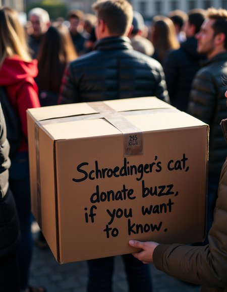 a crow of people around a carton box, on the box a hand written writing that says" Schroedinger's cat, donate buzz if you want to know"<lora:MidjourneyV6.1:0.5>