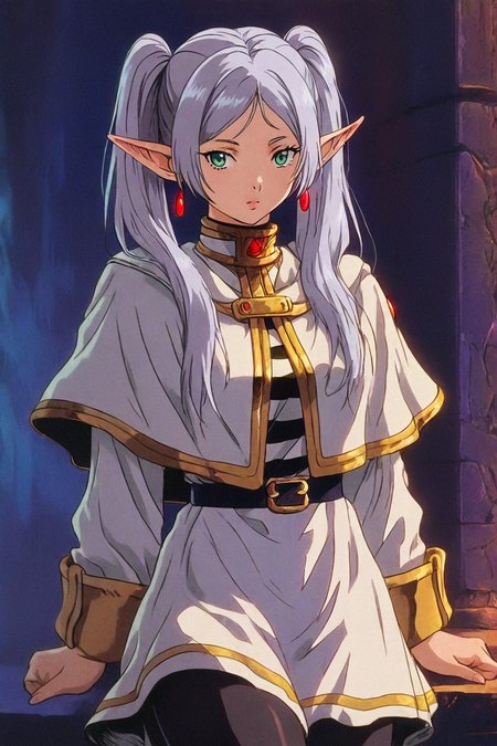 (frieren:0.2), long hair, twintails, green eyes, grey hair, pointy ears, elf, shirt, long sleeves, jewelry, pantyhose, earrings, striped, black pantyhose, capelet, striped shirt, skirt, white skirt, 1girl, solo, alone,  <lora:dark_fantasy_anime_illustriousXL:1>, dark_fantasy_style, dark fantasy, retro, masterpiece, highres