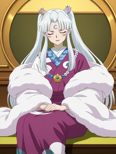 general,highres, ultra-detailed,very aesthetic,best quality ,best hands,  BREAK  <lora:Sesshomaru_no_Haha_IS:1>
Sesshomaru_no_Haha,pointy ears, japanese clothes, 1girl,solo, facial mark, kimono, white hair, long hair, 
 solo, closed eyes, sitting, parody, long sleeves
light smile,