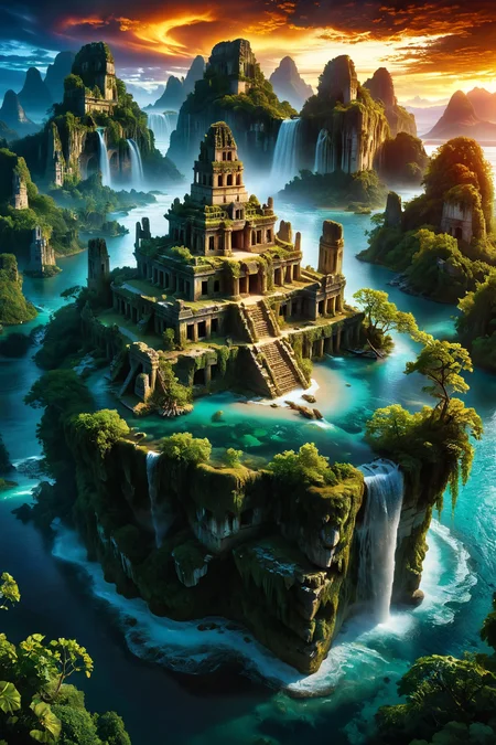 A stunning, hyper-realistic fantasy scene. An aerial view of a floating island showcasing the majestic ruins of ancient Mayan civilization. Water flows gracefully from the high structures, cascading down and eventually spilling over the island's edge. The sky is filled with a stunning display of auroras, casting vibrant, shifting colors across the scene. The entire setting exudes an ethereal, otherworldly beauty, reminiscent of a fantastical paradise. The depiction is highly realistic with surreal fantasy elements, capturing intricate details and vivid colors. The floating island appears as a mystical sanctuary in the sky, surrounded by the breathtaking auroras. Hyper-realistic, surreal, fantasy, detailed, vibrant, enchanting, ancient ruins, flowing water, vivid sky, auroras, ethereal.
<lora:ral-apoctvisn-sdxl:0.8> ral-apoctvisn,
<lora:add-detail-xl:1.0>,
<lora:EnvyBetterHiresFixXL01:1.0>,
<lora:extremely_detailed:1.0>, extremely detailed,
<lora:EldritchMixIllustration_1.1:0.25>,
<lora:xl_floating:0.85> floating island, surreal,
