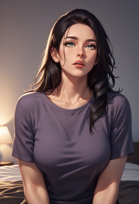 score_9, score_8_up, score_7_up, a1m333, woman, purple shirt, grey eyes , bedroom