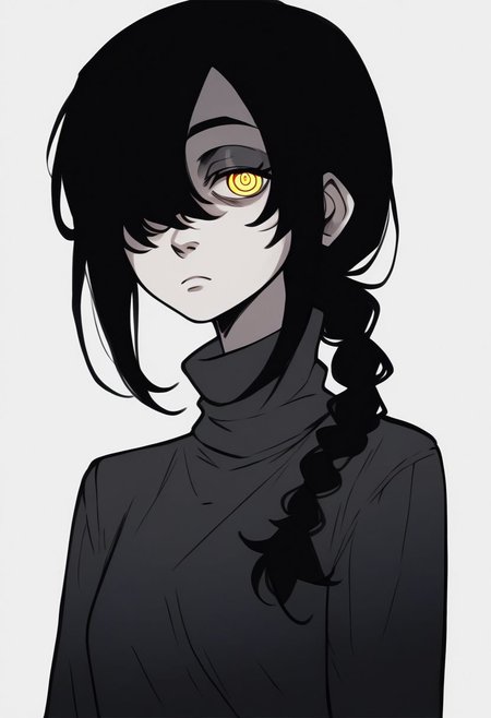 ASCII (score_9, score_8_up), score_7_up, score_6_up, score_5_up, score_4_up, Nayuta, 1girl, ringed eyes, black hair, minimalist, yellow eyes, best quality, single braid, medium hair, hair over one eye, black sweater, turtleneck sweater, expressionless, sex, looking at viewer, source_anime,
marker \(medium\), 
traditional media, <lora:Smooth Anime Style LoRA XL:0.7> <lora:Nayuta_CSM_XL_Pony:1>