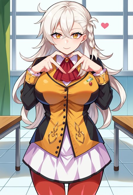 score_9, score_8_up, source_anime  BREAK solo, 1girl, cowboy shot,  looking at viewer,
<lora:OlgaMariePdxlDwnsty:1>, olgamarie, yellow eyes, white hair, long hair, side braid, jacket, red ascot, skirt, dress, red pantyhose,heart hands, heart fingers, <lora:Heart_Fingers__Concept_Lora-000007:1>,
curvy, large breasts, smile,
indoors, lab, tile floor, table, white floor,
