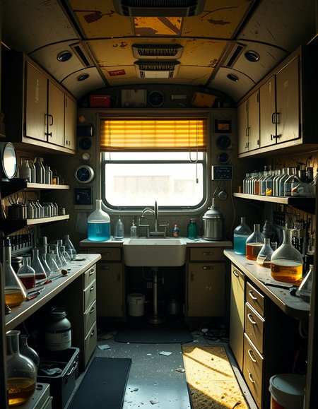The interior of an old RV converted into a clandestine drug laboratory, inspired by the TV series Breaking Bad. The space is cramped and messy, filled with scientific equipment, glass beakers, flasks, burners, chemical containers, and lab tools scattered around. The walls are aged and stained, with peeling wallpaper and old metallic cabinets. A small sink area is cluttered with dirty lab glassware. The lighting is dim and tinted yellow, with sunlight barely filtering through dusty blinds. The floor is grimy, with a mix of rubber mats and worn carpet. The overall atmosphere is tense and gritty, capturing a sense of secrecy and danger. Hyper-realistic style, cinematic composition, rich in textures and shadows.
<lora:SDXLFaeTastic2400:0.4> <lora:extremely_detailed:0.4> extremely detailed,<lora:old_RV_drug_l4b0r4t0ry:1>,old RV drug l4b0r4t0ry, Masterpiece,best quality,hi res,8k,hi res,8k,award winning,(sharp focus, intricate, highly detailed),