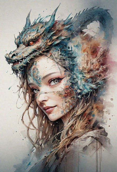 Woman wearing Chinese dragon mask shows half of her face to the audience and smiles,by Minjae Lee, Carne Griffiths, Emily Kell, Steve McCurry, Geoffroy Thoorens, Aaron Horkey, Jordan Grimmer, Greg Rutkowski, amazing depth,high resolution, ink painting