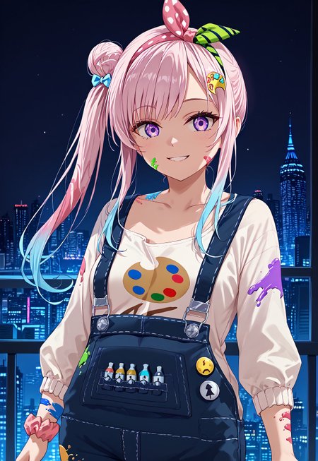 1girl, solo, solo focus, highres, absurdres,  Iofi1st, long hair, pink hair, overalls, side ponytail, paint splatter, purple eyes, shirt, hair bun, white shirt, multicolored hair, hairband, bangs, paint splatter on face, gradient hair, blue hair, collarbone, single hair bun, single side bun, hair ornament, wrist scrunchie, long sleeves, blue overalls, badge,

looking at viewer, smile,
 
cityscape, neon lights, night, night sky, backlighting, silhouette,