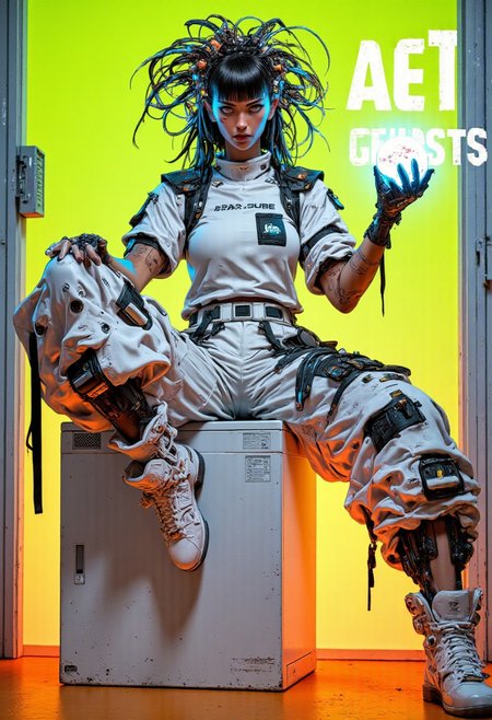 A highly detailed hyper-realistic digital illustration in cyberpunk aesthetics, featuring a woman with light brown skin and striking blue lips. Her bowl cut hairstyle is sharply trimmed on the sides, adding to her futuristic look. She wears an avant-garde cyberpunk headdress, a sculptural creation of intertwining metallic wires and glowing LED strips that pulse with ethereal light, blending organic and mechanical elements. Her outfit includes a military-inspired oversized full-sleeve t-shirt, layered beneath a white oversized synthetic coverall equipped with numerous pockets, black straps, and a high-tech gadget belt. High-waist trousers complement her bold style, while her white sneaker boots are accented with electric blue, glowing vibrantly, adding an electric pop. She sits confidently on a washing machine, facing the viewer in a poised yet dynamic pose. Her hands are gloved in sleek black material, and her left hand holds an iridescent orb, shimmering with light-reflecting properties. The floor beneath her glows orange, contrasting with the lime green background, creating a vivid, futuristic atmosphere. Every detail is in sharp focus, from the textures of her clothing to the gleaming orb, blending realism and cyberpunk fantasy. (anime, cyberpunk, mythp0rt)