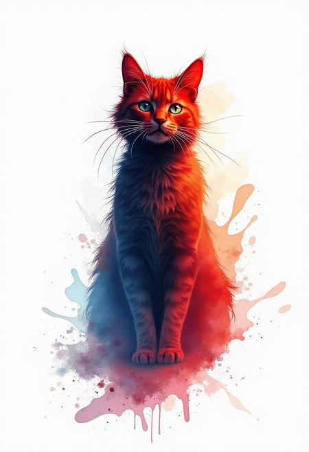 Imagine an Expressionistic interpretation of a catâs presence, rendered in dynamic watercolor splashes. Bold strokes of crimson, ochre, and deep indigo collide and intertwine, conveying a primal energy. The feline form is fragmented and distorted, expressing raw emotion and untamed spirit. A stark white background amplifies the intensity and dramatic flair of the artwork.
