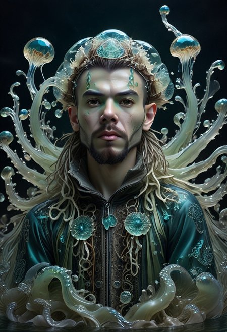 long mid shot portrait photography of an ethereal young man warrior, (glowing runes: 1.1), fairytale aesthetic. light green sheme, Photorealistic, intricate details, realism, sfw, ultrasharp, photography, floating, water, under water, jellyfish, haute couture, tentacles, bioluminescence