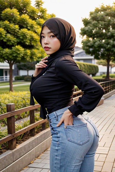 masterpiece, best quality,   RAW photo, (photorealistic:1.37, realistic), highly detailed CG unified 8K wallpapers, 8k uhd, dslr, soft lighting, high quality, film grain, Fujifilm XT3, Asian girl, 25 year old in hijab, thick body, sexy, big breast, ass, long shirt, jeans, standing outside, hall,  Photo texture adjuster