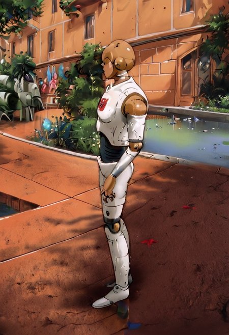 VOV-A6 Lab Tech from atomic heart, robot, solo, brown robot, white outfit,
outside,  river, pavement, buildings Transformers animation <lora:Transformers 86 FT:1>