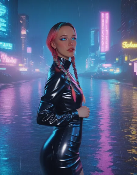 "cyberpunk, beautiful hacker girl, twin braids with neon highlights, latex bodysuit, holographic pencil skirt, neon cityscape, cybernetic eyes, rain-soaked streets" ,score_9, score_8_up, score_7_up, masterpiece, high quality, highres, best quality, <lora:mcnulty_epoch_10:1>  Stable_Yogis_PDXL_Positives2