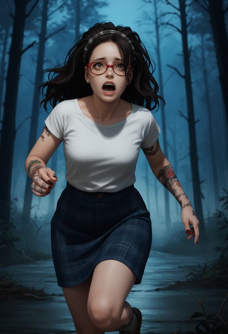 score_9, score_8_up,score_7_up, source_anime, 1girl, solo, <lora:DMCNC_pdxl_EliPot:1> Ncltt, mature female, 
black hair, long hair, brown eyes, glasses, red-framed eyewear, plaid hairband, freckles, 
arm tattoo, hand tattoo, nail polish, 
 outdoors, forest, night, scared, running, fog, horror \(theme\),