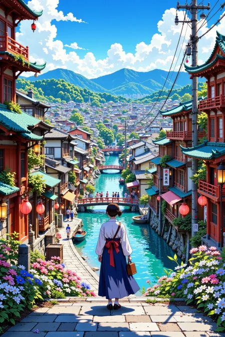 japanese city beautiful  landscape, noon, woman, very intricate, very detailed, sharp, bright, colorful, <lora:Hand v2:0.5> <lora:Anti-Blur:1><lora:Insane Detail Slider:0.25>  <lora:flux.1_lora_flyway_Epic-detail_v2:0.3> <lora:fluxenhancer:0.25> <lora:ROWER:0.6> <lora:flux-charmer-v1-1:0.4> <lora:Vibrantly_Sharp_style_v.5:0.3> <lora:realanime:0.8>