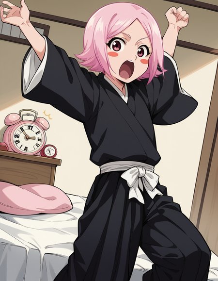 score_9, score_8_up, score_7_up, source_anime, <lora:yachiru-kusajishi-anime-ponyxl-lora-nochekaiser:1>, yachiru kusajishi, short hair, pink hair, pink eyes, blush stickers, forehead,, long sleeves, japanese clothes, hakama, black hakama,, bedroom, alarm clock, morning routine, yawning, stretching, on bed,, , looking at viewer, arm outstretched, hand on hip, knee up, solo,, cowboy shot, dutch angle
