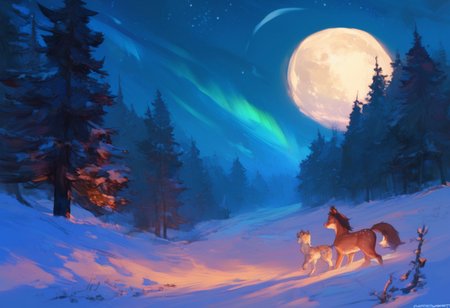 Score_9, score_8_up, score_7_up, score_6_up, 748cm, BM94199, RDJlock, ArawAraw, cutesexyrobutts, absurd res, detailed, amazing quality, vivid colors, newest, very aesthetic, highres), dim light, soft light, moon, dappled moonlight, aurora, night, moonlight, starry sky, pine forest, snow, winter, scenery, huge moon, cloudy sky,