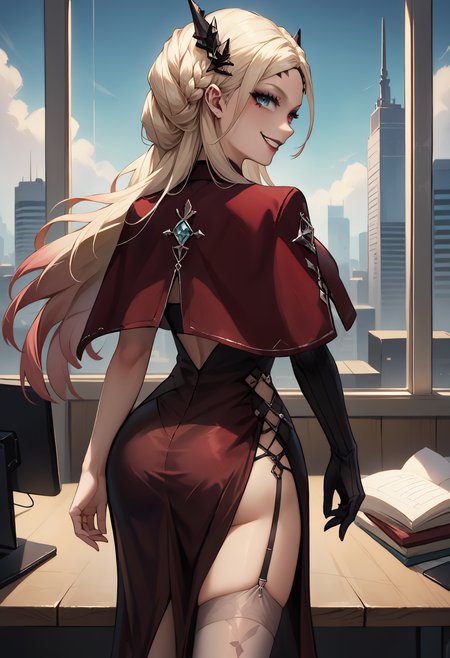 score_9,score_8_up,score_7_up,  <lora:eireneptn-ponyxl-beta4-alt-12:1>, EirenePTN, platinum blonde hair, long hair, braided bun, gradient hair, black hair ornament, forehead mark, makeup, halterneck, sleeveless red dress, red cape, single elbow glove, black glove, indoors, office, glass, skyline, office desk, from behind, side slit, garter straps, grey thighhighs, thighs, standing, looking at viewer, looking back, heterochromia, behind desk, enigmatic, evil genius, evil smile, backlighting,