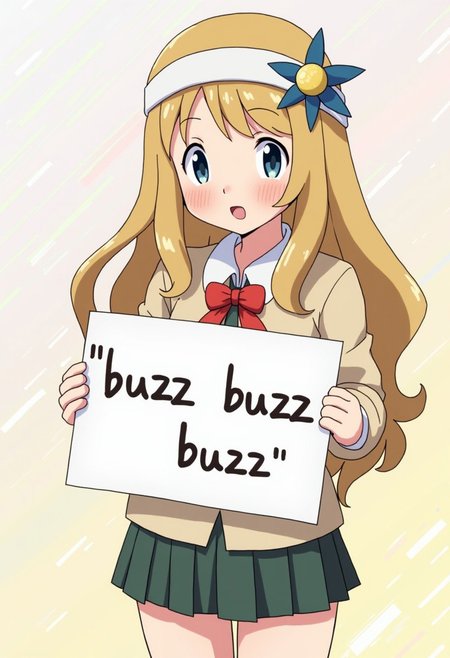 anime girl from pokemon series holding sign it say "buzz buzz buzz"