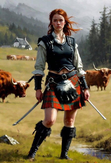 beautiful slim large-breast young heavy-armor female Scottish highlander, kilt, socks, digital painting in jrst artstyle