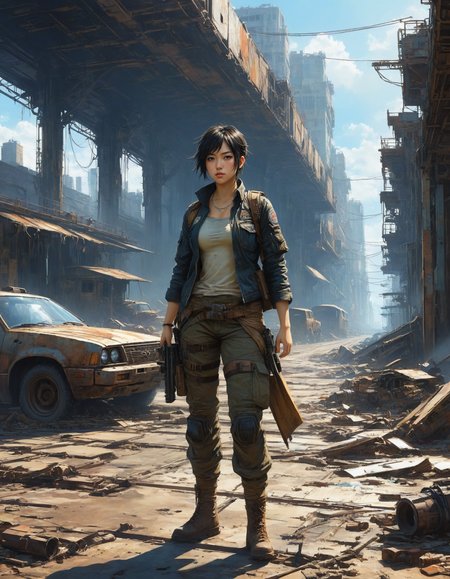 by Gerald Brom and Makoto Shinkai,  postapocalyptic theme, a post-apocalyptic world where technology is banned , hyper detailed, professional poster art, bold lines, award winning,  trending on ArtStation , (intricate details, masterpiece, best quality:1.4), looking at viewer, dynamic pose
<lora:add-detail-xl:1> <lora:xl_more_art-full_v1:0.5>  <lora:NicolaSamori:0.5> in the style of nicola samori <lora:looking_at_viewer:2>