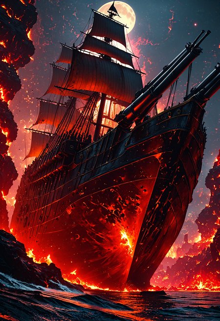 A pirate ship featuring many cannons and a black flag sailing in lava sea, moon is seen in background, hyper realistic, 8k, incredible, beautiful, frightening 
OverallDetailXL <lora:MJ52:0.3>  <lora:EpicF4nta5yXL:0.7>