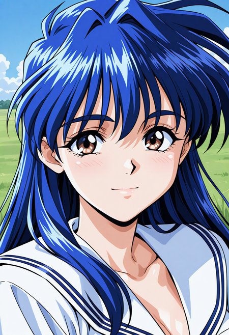 arai_kiyomi, brown eyes, blue hair, long hair, school uniform, serafuku, white shirt, long sleeves, white sailor collar,  <lora:Graduation_arai_kiyomi_illustrious_ver1:0.8> 
light smile,, 1girl, solo, blue sky, (grasslands:1.2), looking at viewer,, masterpiece, best quality, sensitive,, (upper body:1.2), (close-up:1.2), (facing viewer:1.2), (open eyes:1.4), (portrait:1.2)