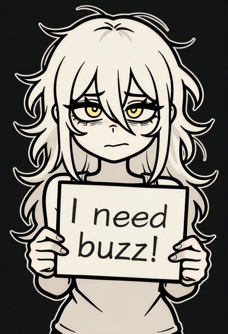 masterpiece, best quality, amazing quality, very aesthetic, absurdres, newest, 1girl, solo, looking at viewer, long hair, messy hair, messy bangs, simple background, white tank top, yellow eyes, hair between eyes, monochrome, shadow, black background, portrait, cofanl style, outline, white outline, need_buzz, holding sign
