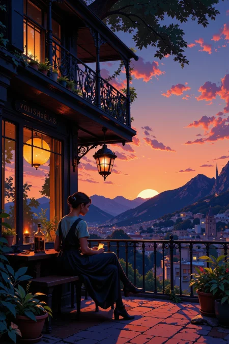 bohemian cafe beautiful  landscape, dusk, woman, very intricate, very detailed, sharp, bright, colorful, <lora:Hand v2:0.5> <lora:Anti-Blur:1><lora:Insane Detail Slider:0.25>  <lora:flux.1_lora_flyway_Epic-detail_v2:0.3> <lora:fluxenhancer:0.25> <lora:ROWER:0.6> <lora:Anime art - Variant 3:0.6> Anime art