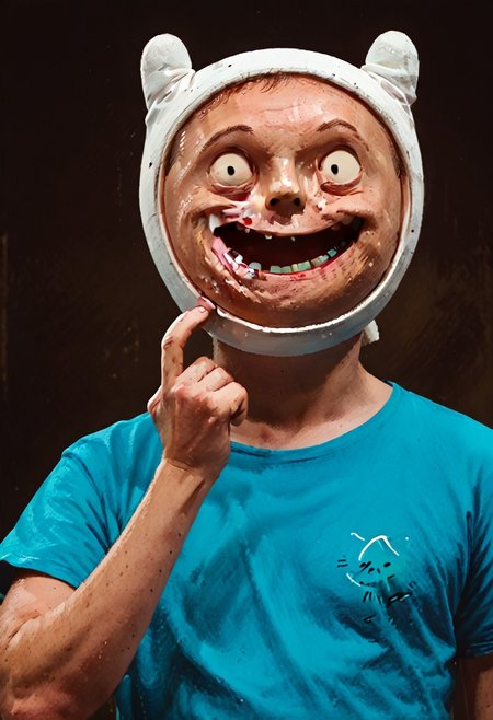 score_9, score_8_up, score_7_up,  MEATMAN f1nn4,1boy,finn the human,adventure time,solo, portrait,smile, face punch,<lora:Adventure_Time_Style_LORA:1> dot eyes, blue shirt