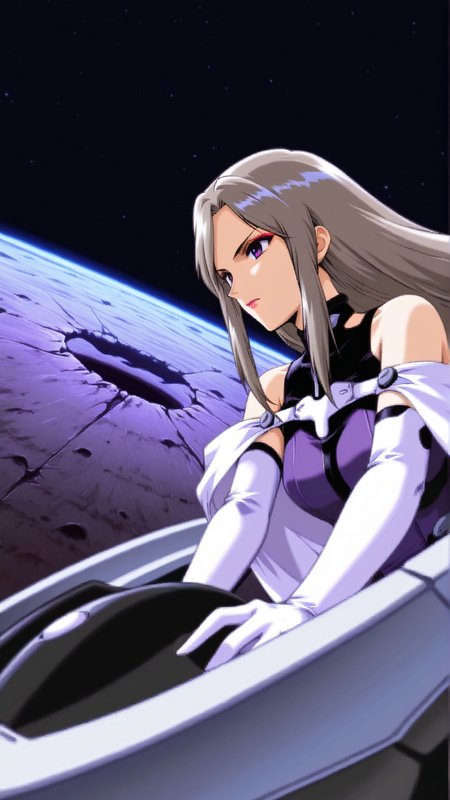source_anime, general, best quality, masterpiece, 1girl,  <lora:Maria_Nichols_ill:1> maria_nichols\(gbattle\),long hair, grey hair,purple eyes,sidelocks, makeup,white elbow gloves, lipstick,purple dress,white cape, bare shoulders , mechanical_chest,dynamic pose, dutch angle, serious, cockpit, space, crater,