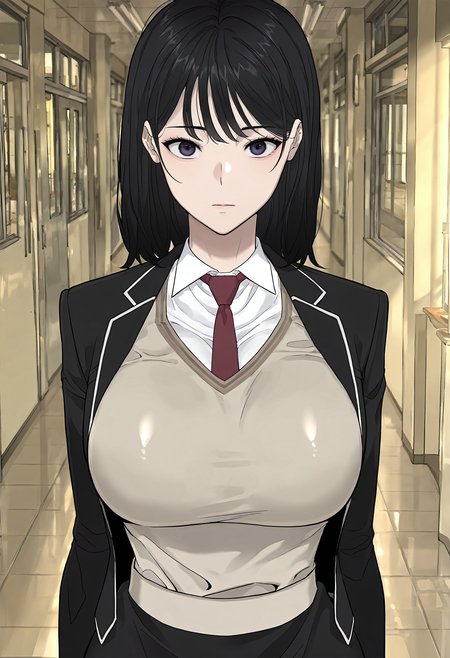 masterpiece, best quality, amazing quality, very aesthetic, absurdres, newest, scenery, 1girl, solo, huge breasts, <lora:Kim Dahyeon illustxl:0.9> black hair, black eyes, medium hair, purple eyes, school uniform, (black jacket:1.1), long sleeves, brown vest, white shirt, collared shirt, red necktie, pencil skirt, black skirt, school, hallway, inside, standing, afternoon, upper body, looking at viewer, shiny skin, anime coloring, anime screenshot, masterpiece, best quality, amazing quality, very aesthetic, absurdres, newest, scenery, volumetric lighting