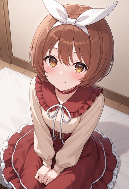 highres, best quality, masterpiece, indoors,
1girl, solo, rlpkrmi, short hair, brown hair, hairband, hair ribbon, brown eyes,
white ribbon, frilled shirt collar, red collar, beige shirt, long sleeves, red skirt, frilled skirt, white frills,
looking at viewer, blush, smile,
sitting, from above, v arms, 
<lora:_kurumi_pcr-elesico-ilxl:1>