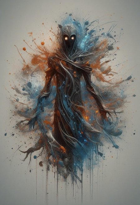 horror film style the image portrays a dark and enigmatic figure, clad in a long cloak that obscures their identity. the figure is situated within a circular motif composed of splattered black ink, reminiscent of an ethereal halo or aura surrounding them. this motif encircles the figure, further emphasizing its significance. the backdrop consists of redish splatters, which contrast with the darker tones of the figure and the black motif. these splatters are scattered across the canvas, creating a sense of chaos and unpredictability. overall, this artwork exudes a mysterious and dramatic atmosphere, leaving viewers to speculate about the identity and intentions of the cloaked figure at its center. . suspenseful music, dark visuals, supernatural events, jump scares 
photography. Natural geographic photo. trending on artlist, Hyper-realistic, 16k resolution, intricate details.
(masterpiece, award winning artwork)
many details, extreme detailed, full of details,
Wide range of colors, high Dynamic
 OverallDetailXL
<lora:add-detail-xl:0.95>
<lora:WildcardX-XL-Detail-Enhancer:0.9>
<lora:xl_more_art-full_v1:0.2>
<lora:ElementsMixSDXL:1> ElementsMix, fire, water, wind, earth
