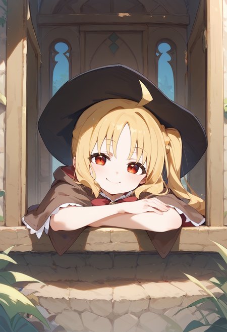 score_9,score_8_up,score_7_up,
<lora:Nijika_Pony-10:0.8> Ijichi_Nijika red eyes, blonde hair, ahoge, side ponytail, small breasts, smile, 
from outside window, looking at viewer, smile, head rest arm rest, <lora:from_outside_window_24re_pony_2_d4:1>  <lora:head_rest_arm_rest_pony_1:1> 
brown cloak, brown capelet, witch hat, black hat, witch dress short dress,