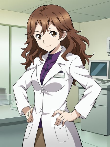 <lora:Haruka_Ouma-Guilty_Crown:1>,haruka,1girl,brown hair,brown eyes,long hair,shirt,skirt,lab coat,hands on own hips,looking at viewer,indoors,smile
