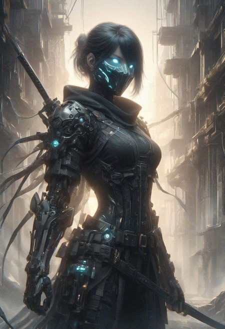 (((Ultra-detailed, Hyper-realistic, 8k, highres, masterpiece))),(full length highly detailed intricate cyborg demonic-skeletal) (tattered cloak),((highly detailed tech body,decaying parts, Intricate exposed wiring, exposed wires,exposed circuitry,electric glow)),((highly detailed cyber-skeletal tech-mask,signs of decay,exposed wiring, exposed wires,exposed circuitry,electric glowing eyes)),in a highly detailed Labratory background with Test tubes,holographic screens,covered in pulsing electricity,cyber setting,cinematic,realistic,science fiction,dark colours,background light,e,<lora:XL_Weapon_Sword_-_By_HailoKnight_2:0.8>,Wielding sword,<lora:add-detail-xl:1>,<lora:ArmorSuit_v01:0.8>, armorsuit,