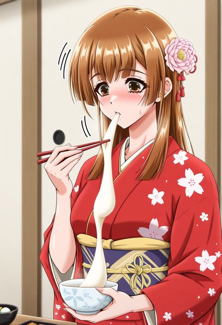 masterpiece, best quality, newest, highres, uncensored, 1girl, yokota mamoru style,motion lines,1girl,Katakura Eimi,Brown Hair, Long Hair, Sidehair, Spiky Bangs, Straight Hair,Brown Eyes, Tareme Eyes, Slim，kimono, food, chopsticks, mochi,  sweatdrop, eating, flower, blush, bowl, new year, wagashi, hair flower, sash, obi