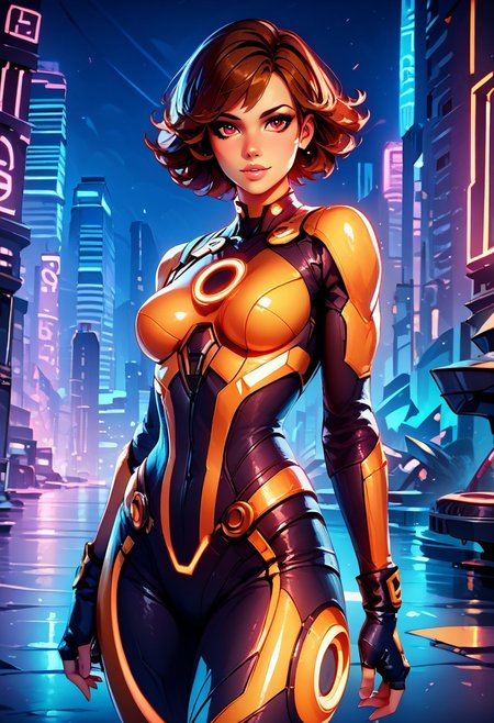 score_9, score_8_up, score_8, medium breasts, (curvy), 
zzCitronLegacy, 1girl, solo, breasts, looking at viewer, short hair, red eyes, brown hair, gloves, fingerless gloves, long hair, lips, bodysuit, neon glow, 
city, night, 
zPDXL, Expressiveh