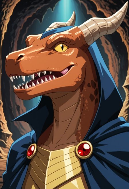 SCORE_9, SOURCE_RETRO, PORTRAIT,HM2K, REPTILE, HORNS, SHARP TEETH, CLOAK, ARMOR, CAVE