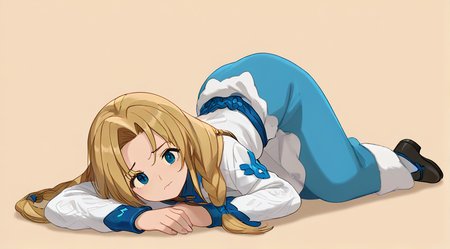 (score_9, score_8_up, score_7_up, score_6_up, score_5_up), t00nstyl3,
<lora:blony-pony-2:1> blonde hair, parted bangs, forehead, long twin braids, long side bangs, blue hair tie, blue eyes, blony costume, forget-me-not waist strap,
Expression = Their gaze is vacant, staring up at the sky or ceiling. Their facial muscles are relaxed, showing no particular emotion.
Pose = The character is lying on their back, with their arms perhaps crossed over their chest or resting at their sides. Legs are stretched out comfortably. It's important to emphasize that their back is firmly pressed against the ground, highlighting the position of lying on their back rather than face down,
(full body),
<lora:TCD-SDXL-LoRA:1> <lora:t00nstylev1PonySDXL:1> <lora:feet_anime_xl_v1c:0.5>