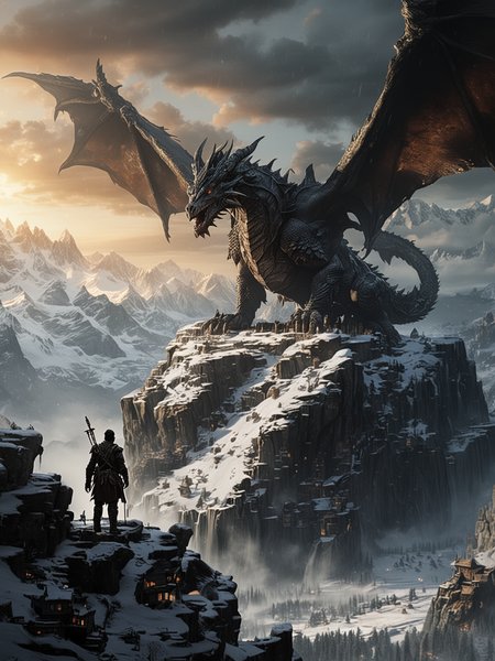 A cinematic masterpiece unfolds in the realm of Skyrim, where a brave warrior clad in leather armor and a horned helmet stands resolute. With two gleaming swords in hand, the warrior gazes up at the sky with determination etched upon their face.
Above, a dark and demonic dragon soars through the air in menacing circles, its shadow casting a foreboding presence over the snowpeaked mountains in the background. The village below bustles with life, each building and inhabitant intricately detailed, adding depth and richness to the scene.
The sky is filled with billowing clouds, creating a dramatic backdrop for the epic confrontation between the warrior and the dragon. The play of light and shadow adds a sense of adventure and mystery to the atmosphere, enhancing the overall cinematic feel of the composition.
Capture the essence of Skyrim's fantastical world with this image, infusing it with a sense of grandeur and danger that will captivate all who behold it. Let your creativity soar as you bring this epic scene to life, weaving together elements of fantasy, courage, and peril in a visual masterpiece that will leave viewers in awe.