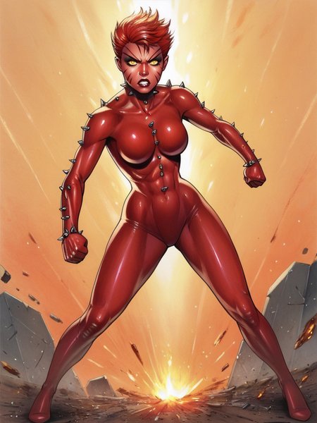 score_9, score_8_up, score_7_up, 1girl, fighting stance, fire around her, destruction, looking at viewer, full body, (dynamic pose:1.1), dynamic angle, 
 <lora:RachelSummer_character:0.8> RachelSummer, very short hair, yellow eyes, red hair, latex bodysuit, spikes, (facial mark:1.1), makeup, colored skin, red skin, angry, glowing,   <lora:Artist_Style__Edithemad_NSFW_Pony:0.8> edithemad, pencil art,